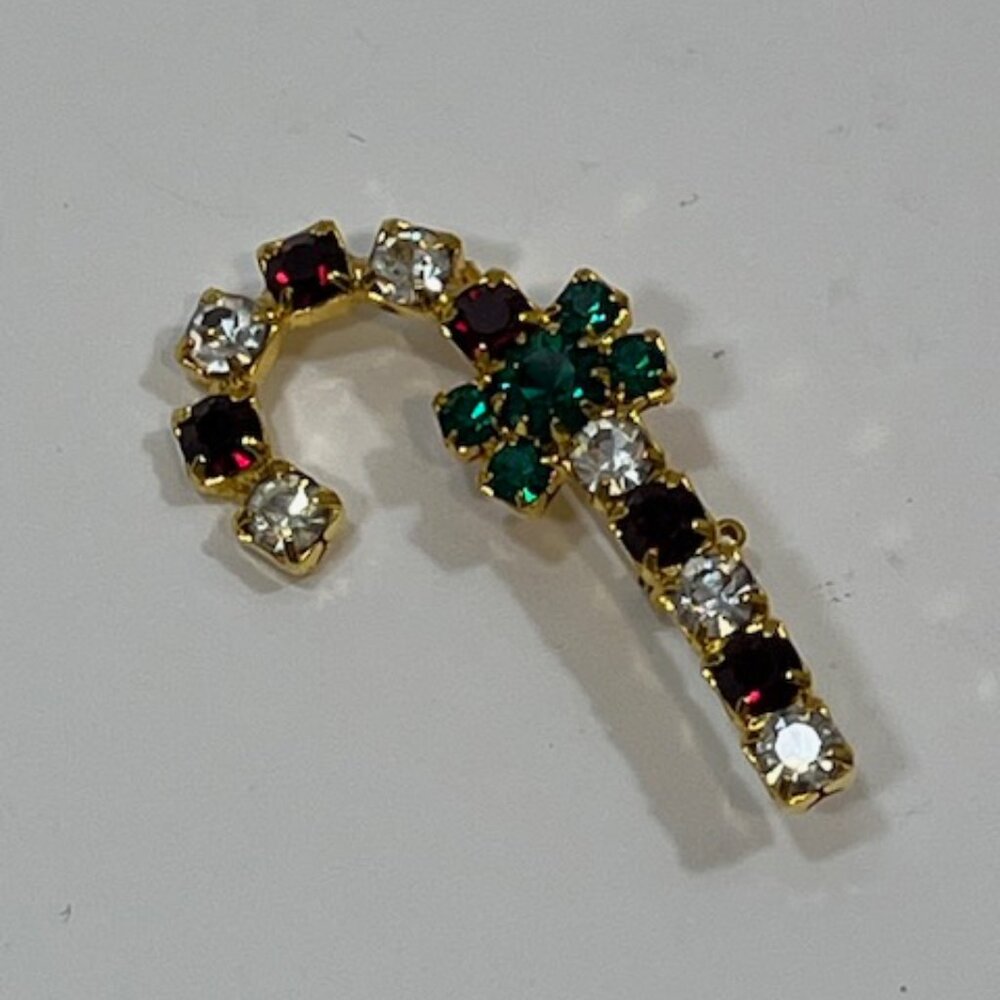 VTG Pronged Rhinestones Christmas Candy Cane Bow Brooch Pin .75"x1.5"